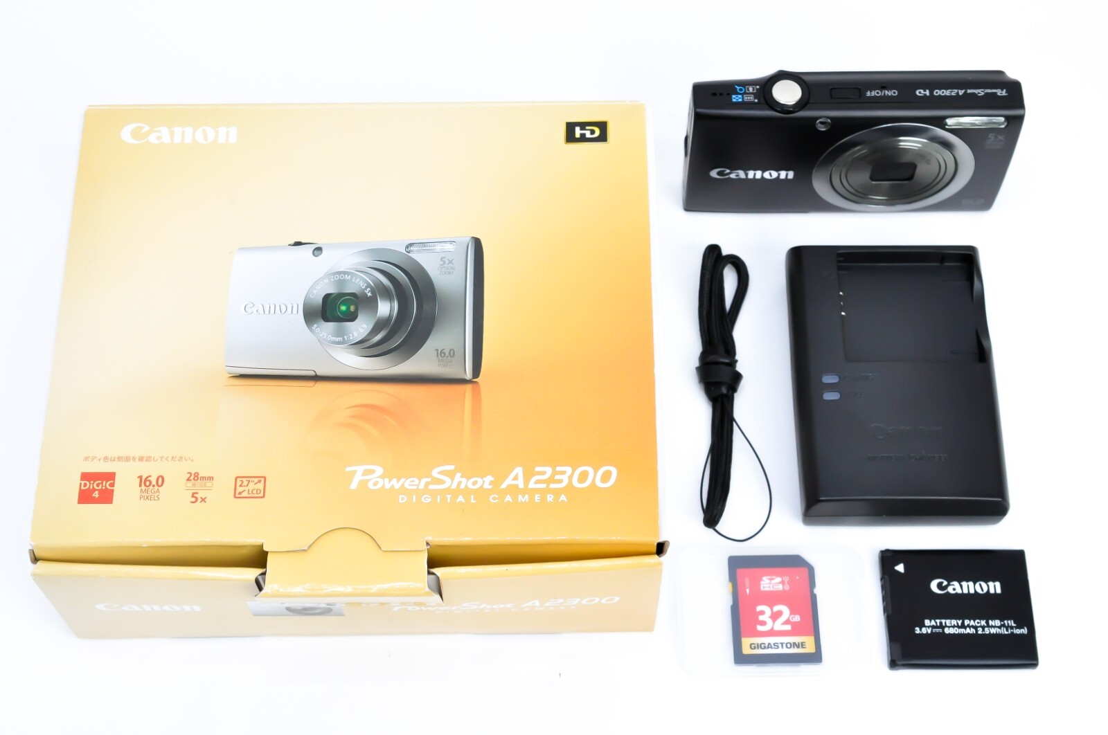 Brand New Mint Canon PowerShot A2300 Black 16MP Digital Camera with SD Card Japan Import