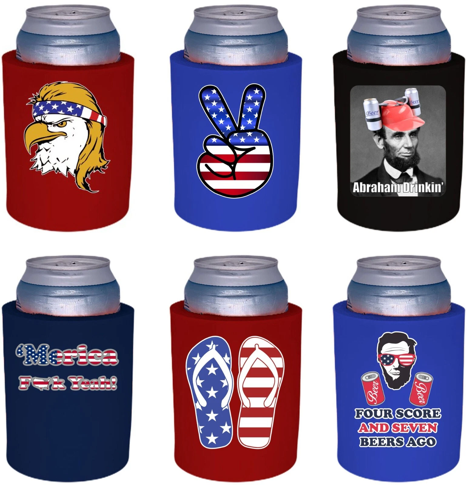 Patriotic USA Thick Foam Old School Can Coolie Designs 6 Pack
