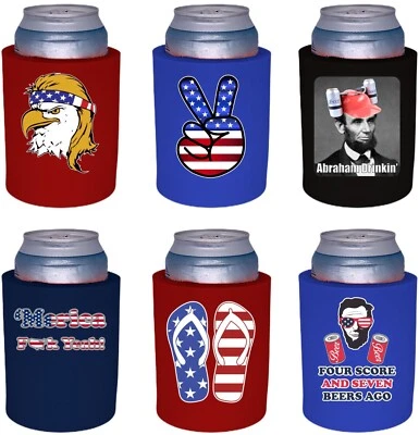 COOLIE JUNCTION Patriotic USA Thick Foam Old School Can Coolie Designs 6 Pack