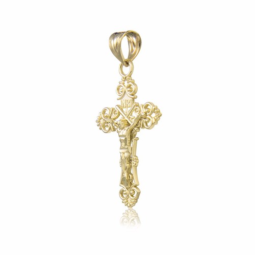 10K Solid Yellow Gold Filigree Crucifix Cross Pendant -INRI Jesus Necklace Charm - Picture 3 of 13
