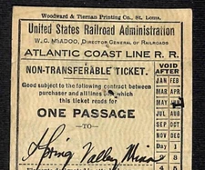 Atlantic Coast Line Railroad Ticket Spring Valley, MN 1920 #39678 USRA* Scarce