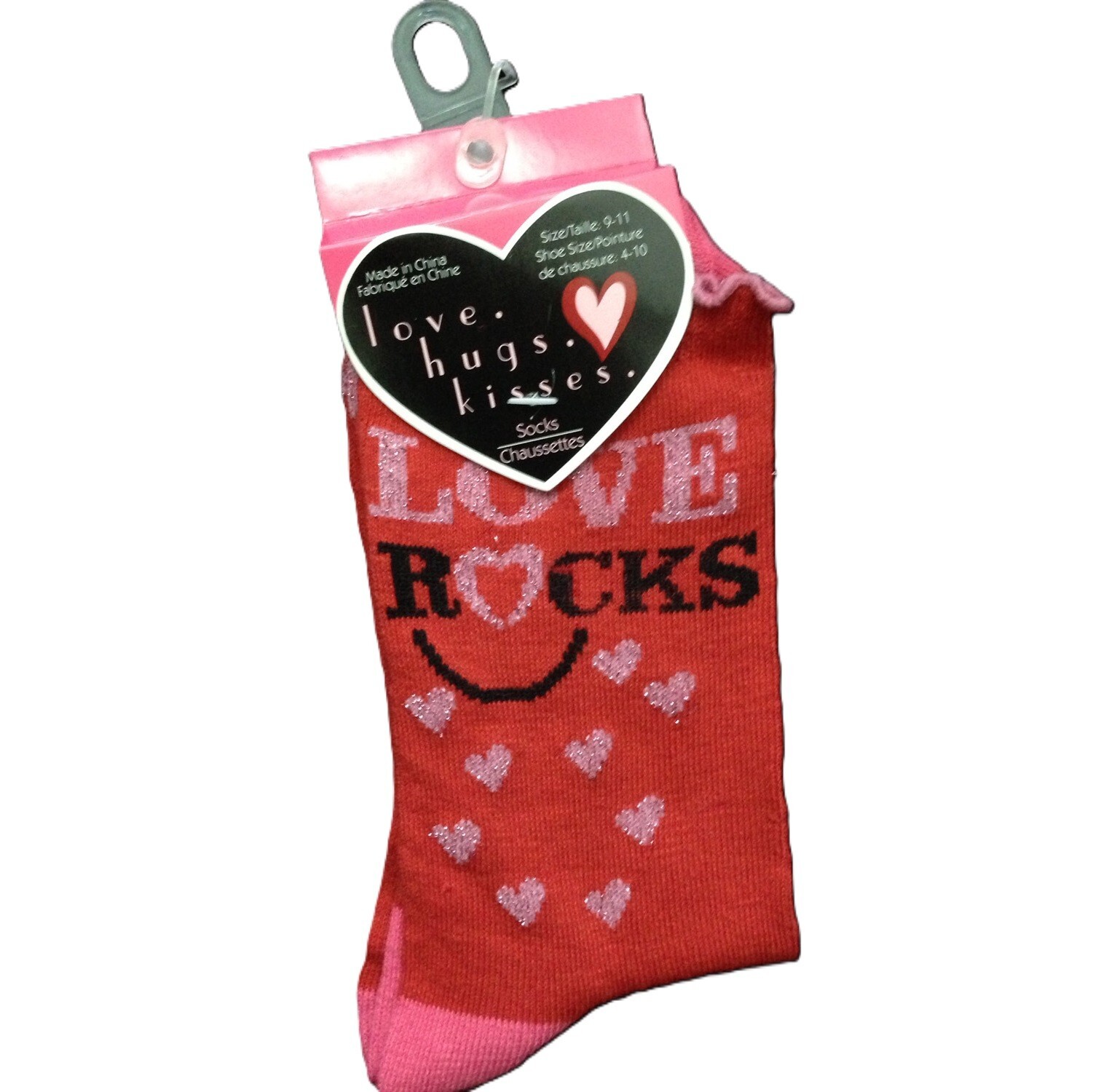 PONY Calze Equipaggio Donna Ragazze Funky Novità Retro Fun Punk Rosso Glitter Cuore LOVE ROCKS