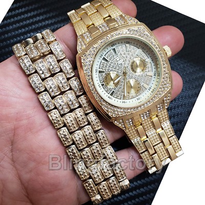 MEN'S ICED HIP HOP GOLD PT LAB DIAMONDS JAY-Z WATCH BRACELET COMBO SET 