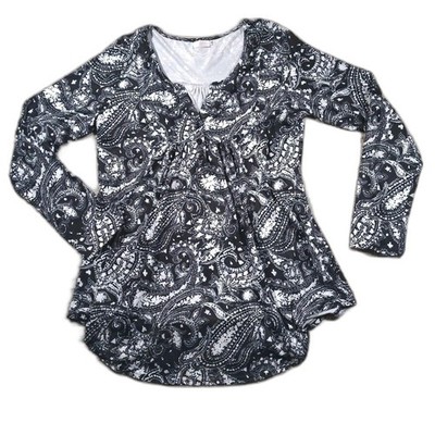  HALIFE PAISLEY BOHO BLOUSE BLACK WHITE LONG SLEEVE V-NECK PLEATED TUNIC TOP M