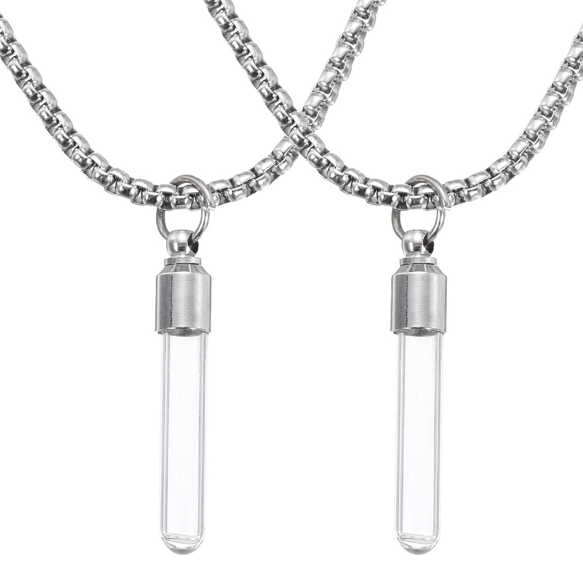 Vial Necklace, 2Pcs Cylinder Glass Container Necklace, Silver Tone