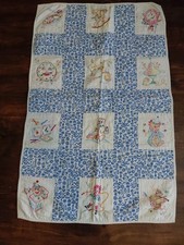 Vintage Quilt Cotton Handmade Embroidered Child Crib Blue Nursery Rhyme 27 X 43"