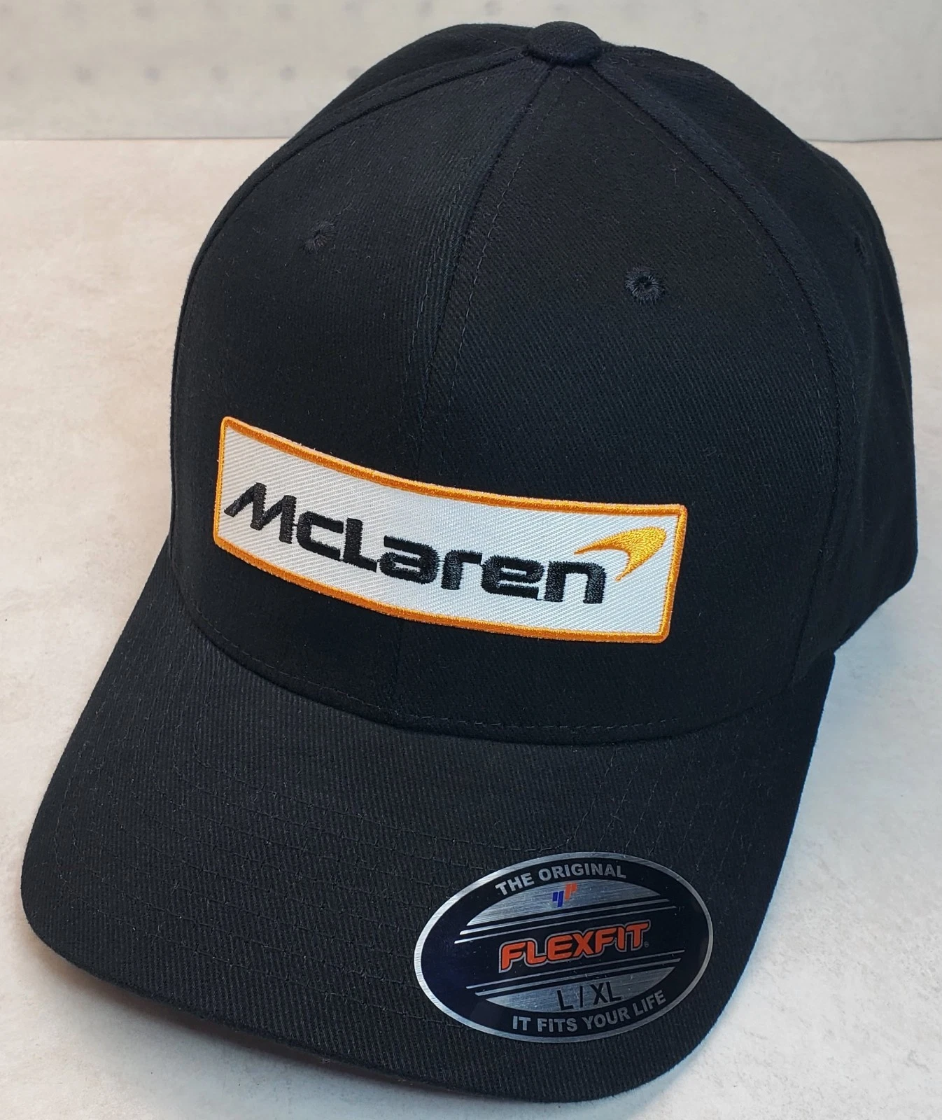 McLaren Embroidered Patch On Flexfit 6377 Black L/XL 7 1/4" - 7 5/8"