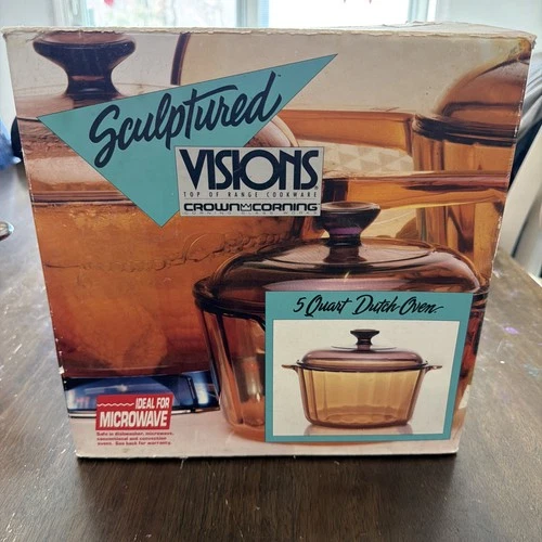 Vtg Visions Corning Ware Pyrex Amber 4.5L 5qt Glass Dutch Oven Stock Pot & Lid