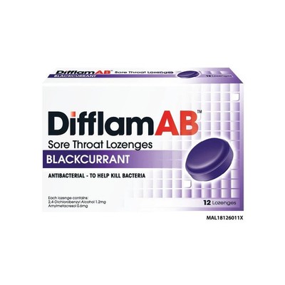 DIFFLAM Mixed Flavours Sore Throat L0ZENGES ANTlBACTERIAL Fruity AB Lemon 1x 12s