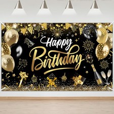 Happy Birthday Backdrop 6ft x 3.6ft Black Gold Polyester Party Banner Sign