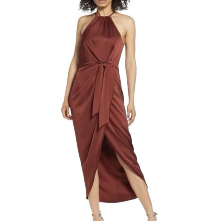 Shona Joy Satin Midi Sleeveless Cocktail Dress Tie Front New