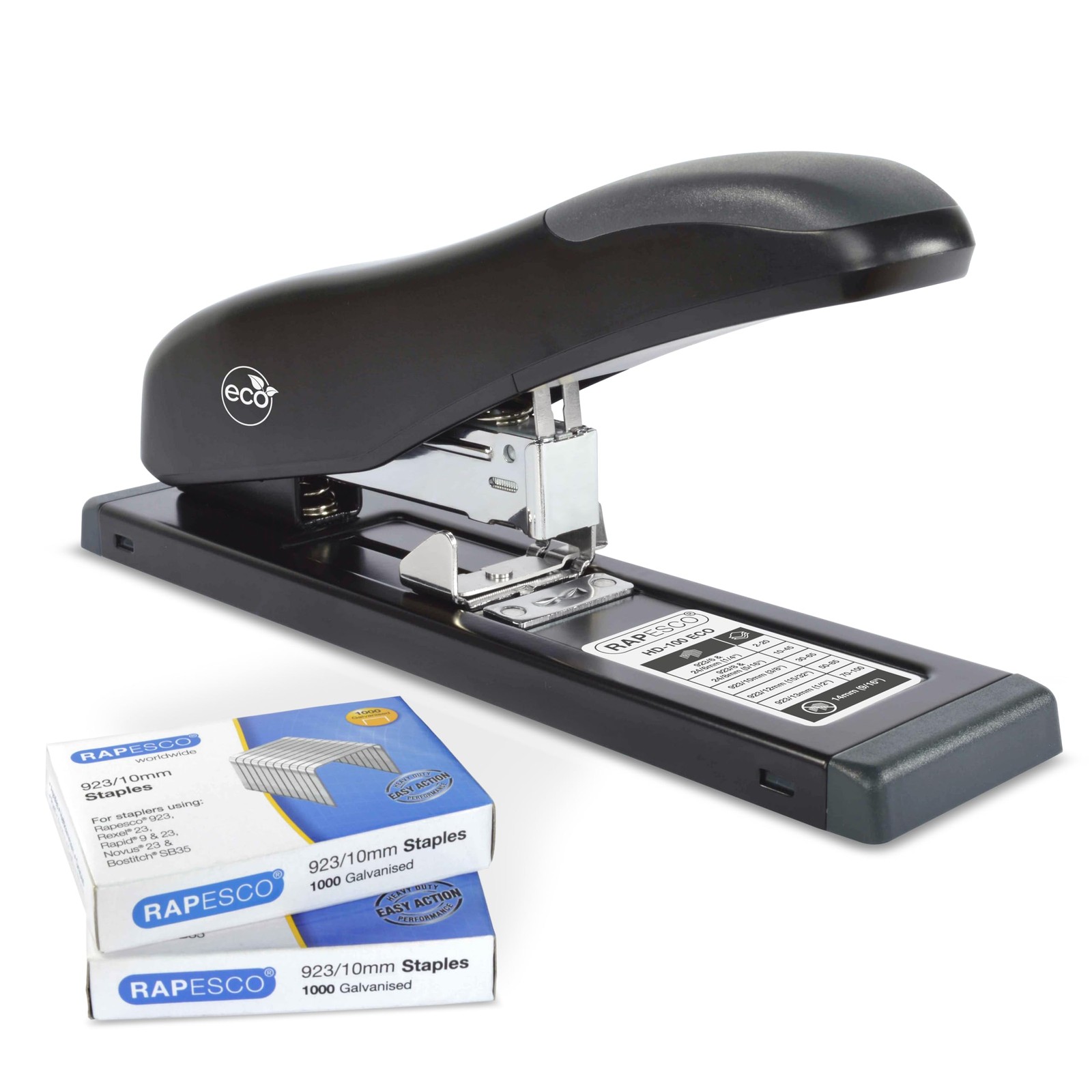 Rapesco 1307 ECO HD-100 Heavy-Duty Stapler with 2000 Type 923/10mm Black