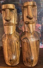 Mid Century Modern Easter Island Tiki Hand Carved Large Wood Bookends