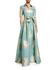 NWT Rickie Freeman Teri Jon Jacquard Dress Shirt Gown Sz 18 Sage Green Gold Belt