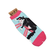 Lazy One Socks Womens 9-11 Blue Pink Cat Graphic Feline Sleepy Ankle Low Cut NEW