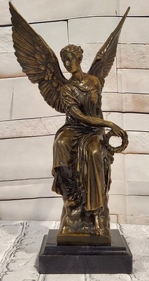 Bronze Goddess of Victory Statue Winged Angel with Laurel Wreath Signed Artwork