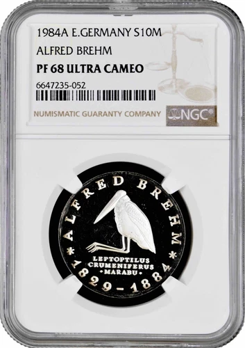 Germany - GDR 10 mark 1984, NGC PF68 UC, "100th Anniv. - Alfred Brehm" Top Pop
