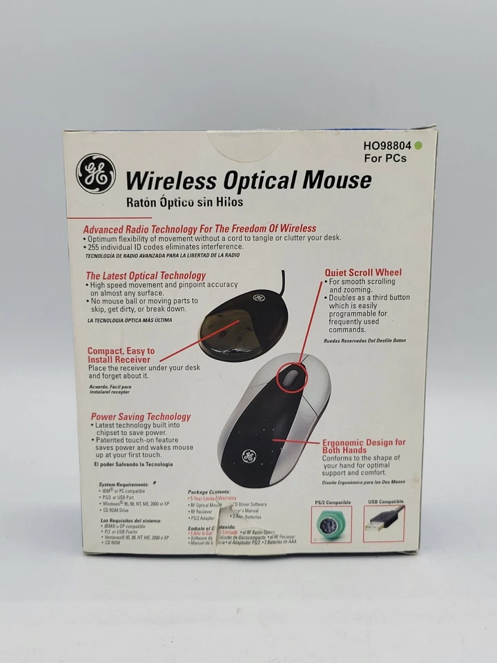 GE Vintage Wireless Optical Mouse + Receiver Model HO98804 OPEN BOX NOT TESTED - Image 2 of 4