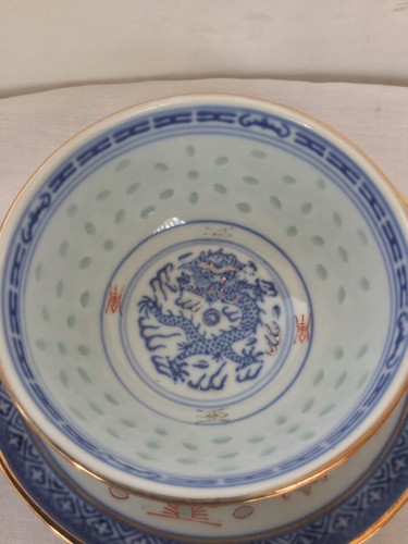 Vintage Chinese Tea Cup & Saucer Set Rice Blue White Linglong Dragon Multicolor - Picture 19 of 20