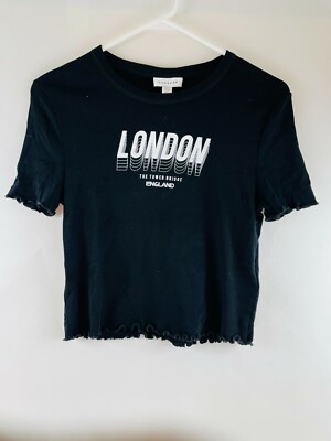 Topshop Crop T-Shirt Women's Size 8 Black ''LONDON The Tower Bridge ENGLAND'' NWT!