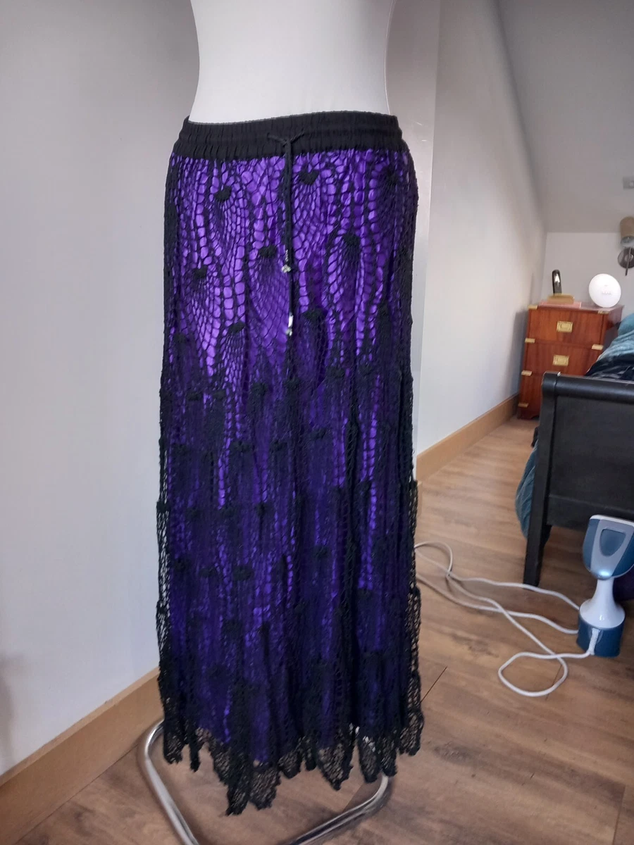Vintage Dark Star Long Black Purple Crochet Lace Skirt Free Size