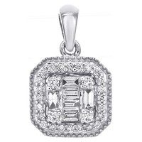 14K WeißGold Baguette Diamant Milgrain Rand Kleine Quadrate Halo AnhäNger 1/4