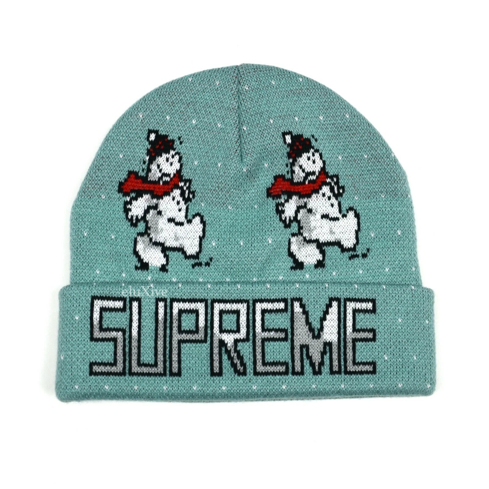Bonnet tricot logo bonhomme de neige suprême bleu menthe DS FW21 Noël homme AUTHENTIQUE neuf avec étiquette