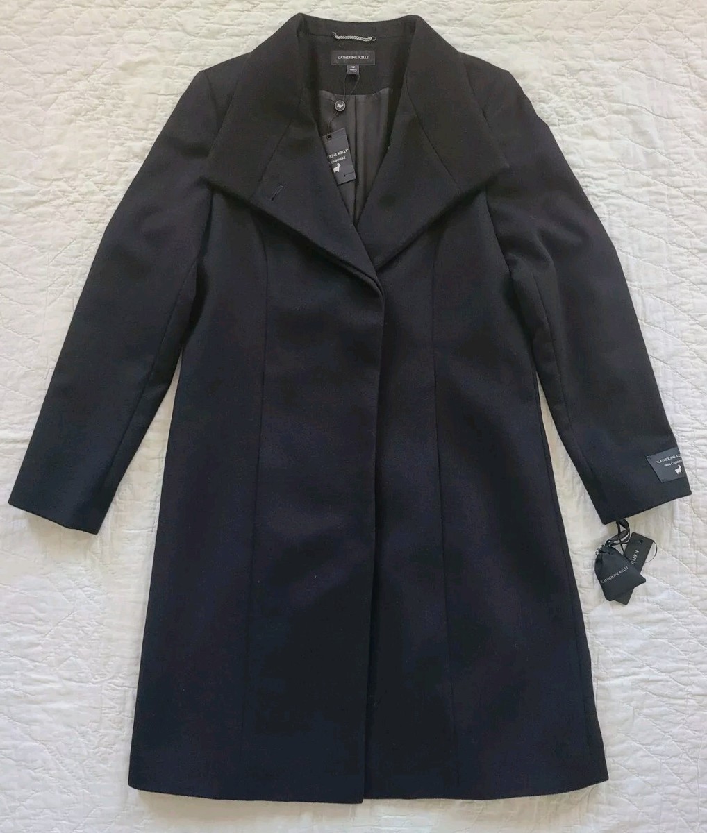 KATHERINE KELLY 100% Cashmere Black Coat w/ Luxury Hidden Buttons Size 12  NWT