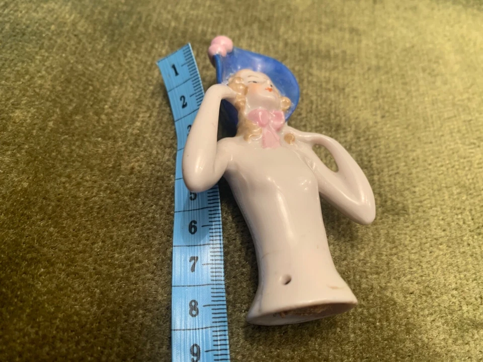 Original Art Deco Porcelain Pin Cushion Half Doll Nude Blonde Lady Blue Bonnet - Image 3 of 4