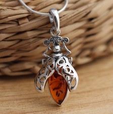 Cognac Baltic Amber 925 Sterling Silver  Fly Pendant  Jewellery