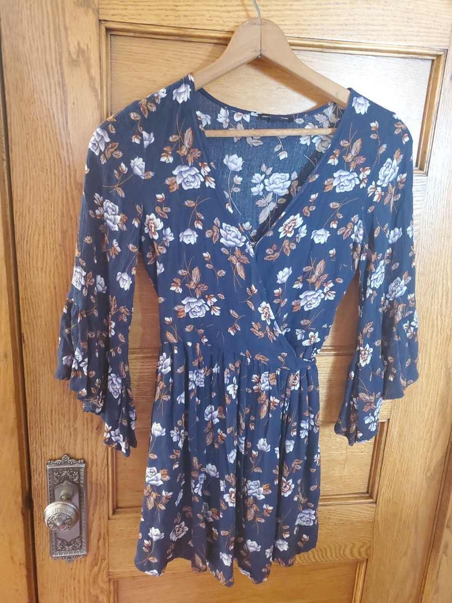 American Eagle Womens Navy Floral Boho Mini Wrap Dress Bell Sleeve Size Small S