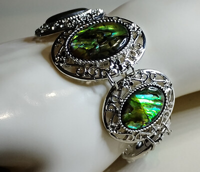 VINTAGE Ornate ABALONE & Silvertone Toggle BRACELET Shell Mother of Pearl Karis