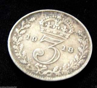 SOLID SILVER 3d 1918 Old Antique Coin the year World War I end Germans Ve Day II