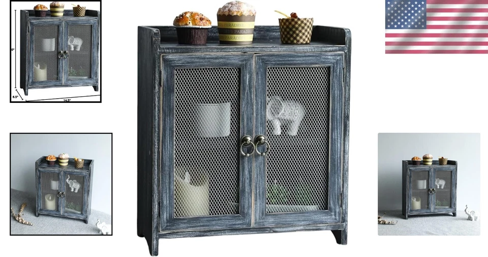 Mini gabinete de almacenamiento de madera de encimera con puerta magnética - diseño gris envejecido Foto 2 de 4