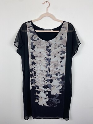 Mint Velvet Top Womens Size 8 UK Black Grey Cream Floral Longline Chiffon