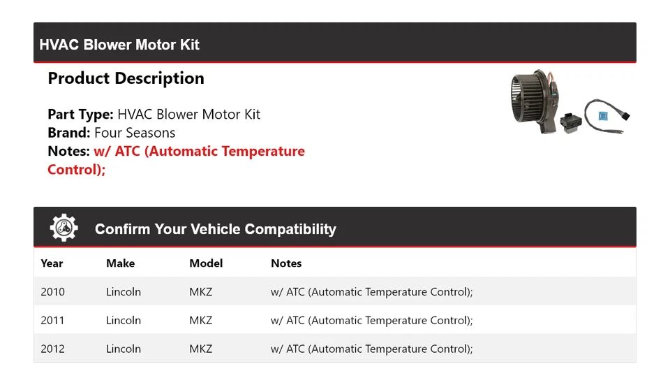 Kit de motor soplador HVAC Lincoln MKZ 2010-2012 4 estaciones 2011 Foto 2 de 3