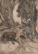 Arthur Rackham c1921 Tipped-In Print Lady Goblin Man Hobo Tree Roots Home Comus