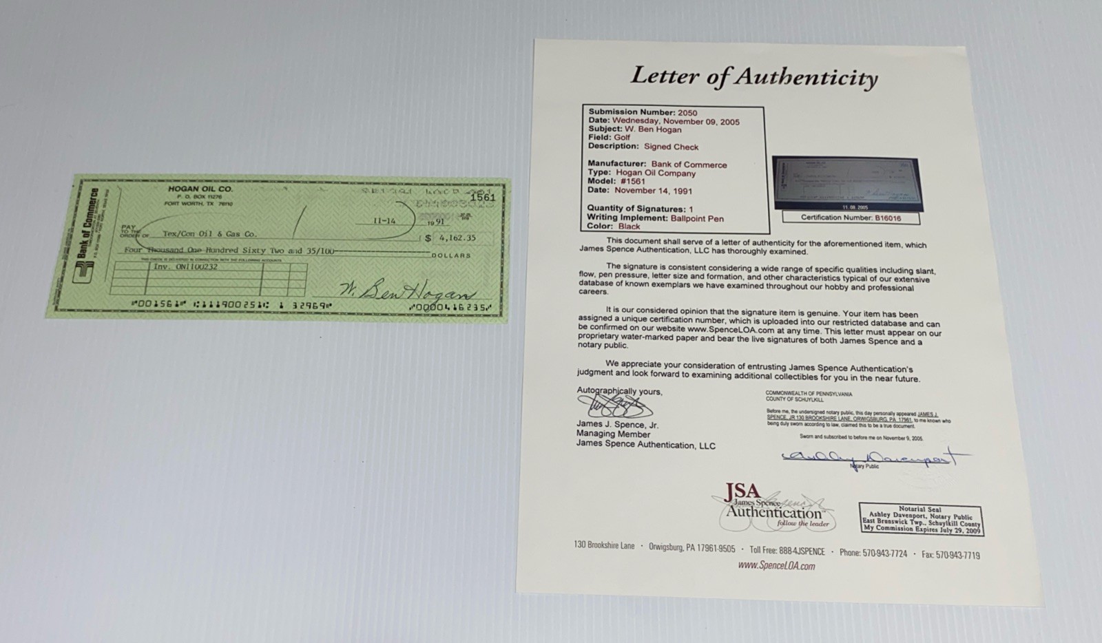 Ben Hogan Autographed Signed 1991 Professional PGA Golf Champion Bank Check JSA LOA Letter 