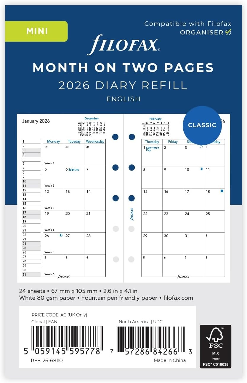 Filofax Mini month on two pages English 2026 diary 26-68110