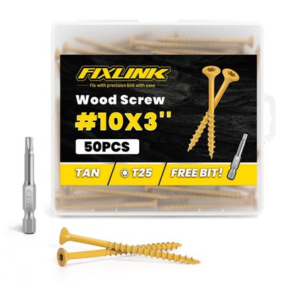 Wood Screws 3 Inch, FIXLINK Deck #10 x 3, 50pcs, Epoxy x 3'', Tan