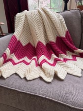 Afghan Hand Crocheted Blanket Throw Zigzag Fuchsia and Cream 56" x 62"