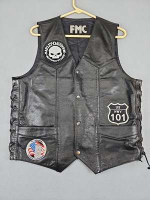 FMC Black Leather Motorcycle Vest Size 40 Harley Davidson 9/11 Memorial HWY 101