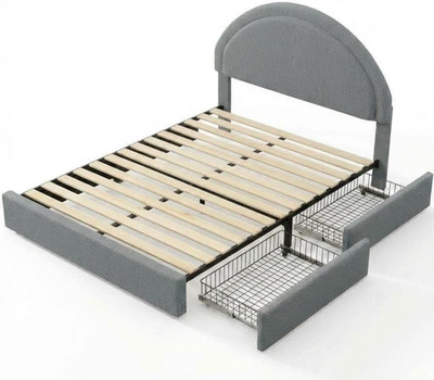 Grey Boucle Full Size Bed Frame with Storage Drawers - No Box Spring Needed