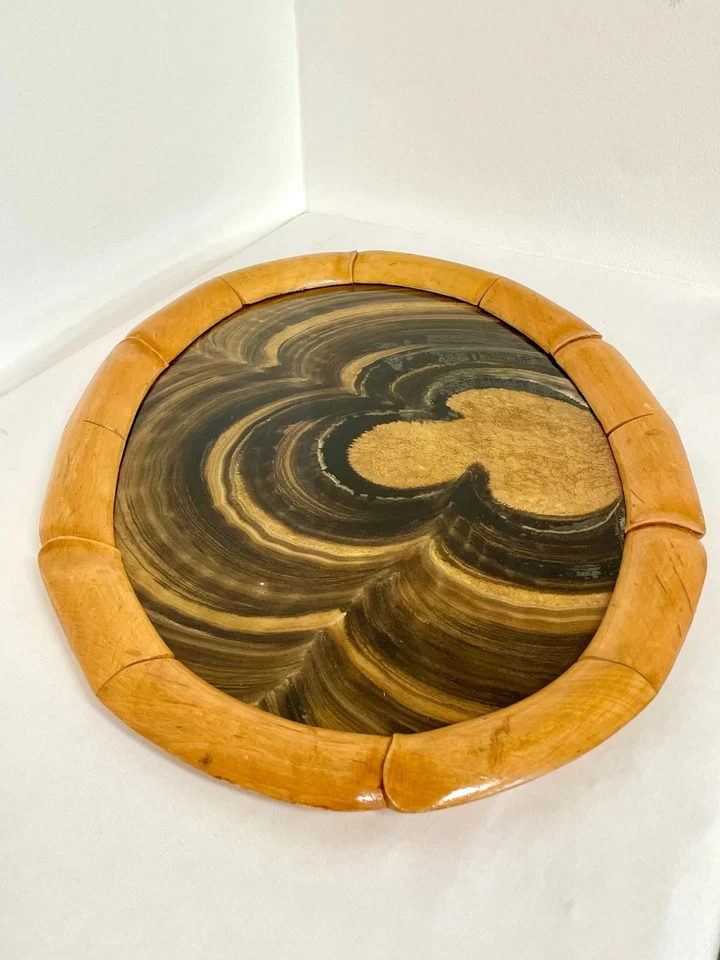 Plateau de service vintage en bois verre Italie années 50 moderniste faux bambou - Photo 2/4