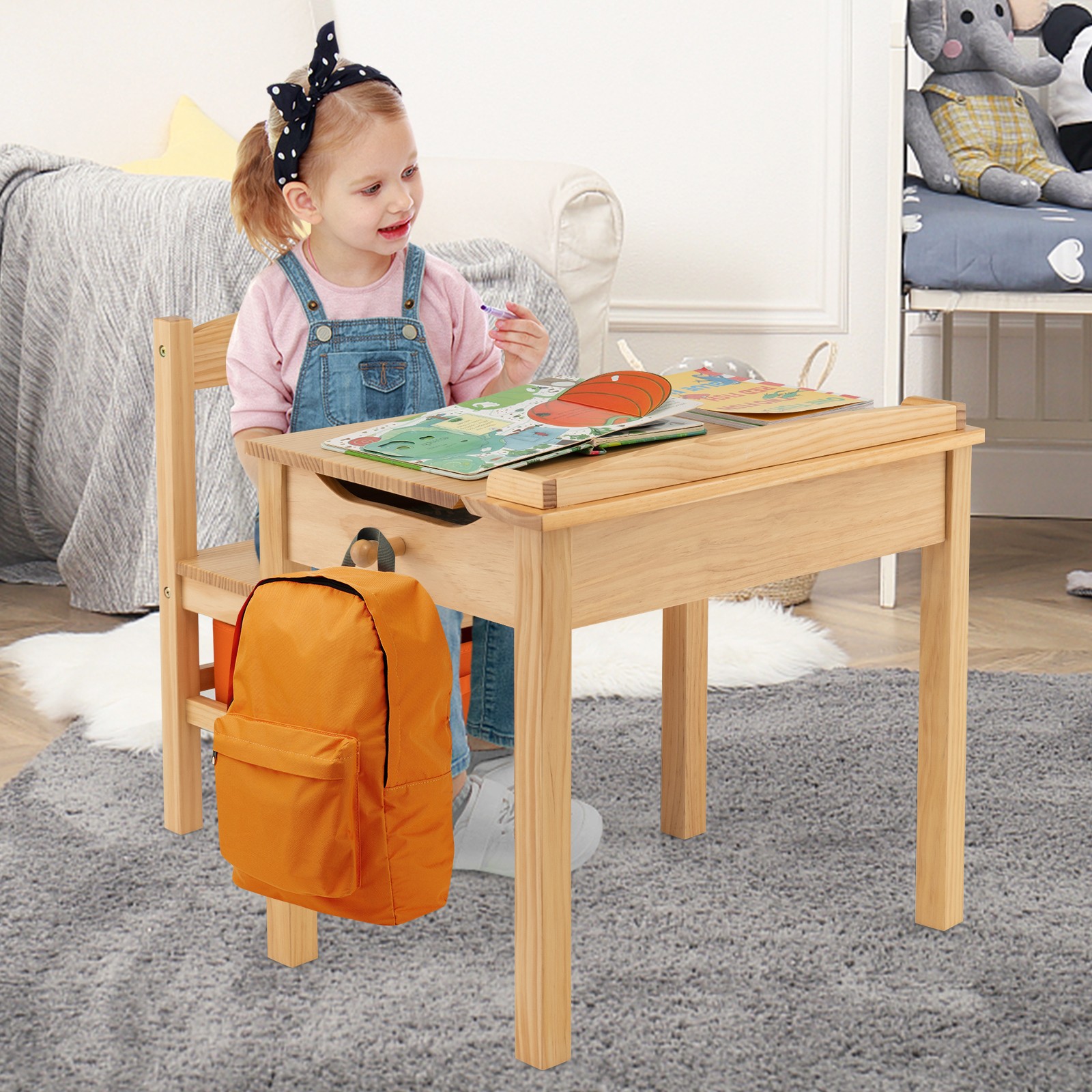 Kids Table and Chair Set Children Wooden Activity Table Set w/ Drawer & Flip Top - Image 4