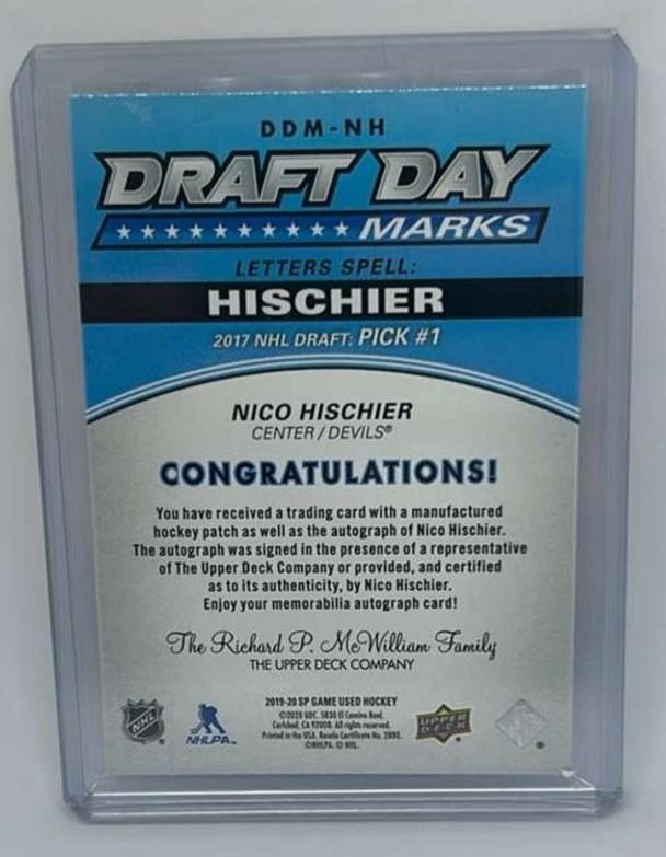NICO HISCHIER 2019-20 UD SP GAME-USED "DRAFT DAY MARKS" AUTO PATCH /35 view 2