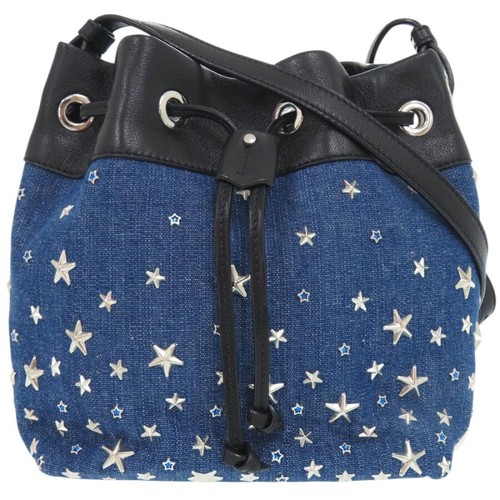 JIMMY CHOO JUNO S Drawstring Bag Denim Leather Blue Black Studded Shoulder Bag