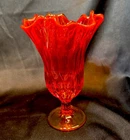 Vintage MCM Fenton Amberina Glass Ruffled Handkerchief Pedestal Vase
