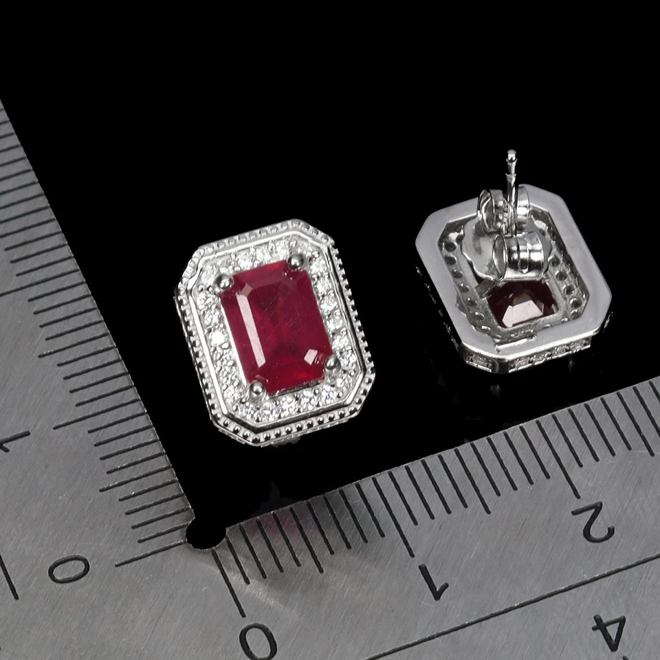 925 Sterling Silver Earrings Octagon Ruby 7x5mm Natural Gemstone Jewelry - Image 3 of 4