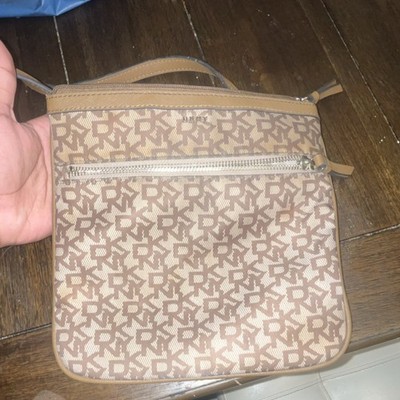 DKNY Brown Beige Logo Shoulder Bag with Zipper Accents and Inner Pockets